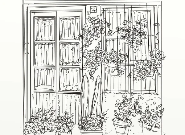 Illustration of the window with flowers in pots on a white background