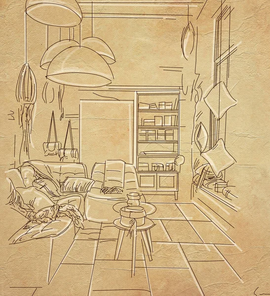 Hand drawn sketch interior of living room with furniture, sofa, coffee table, bookshelf, lamp, bookshelf.