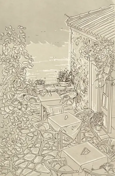 Hand drawn sketch of a terrace with table, chairs and flowers