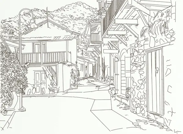 Sketch of a street in the old town, vector illustration