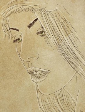 Uzun saçlı bir kadının vektör çizimi. El çizimi portre.