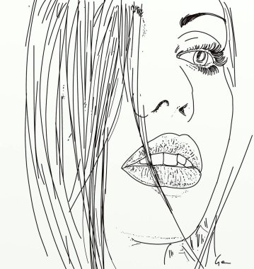 Uzun saçlı bir kadının vektör çizimi. El çizimi portre.