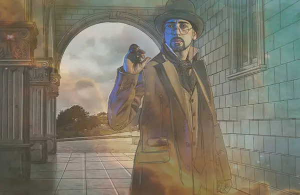 Paltolu ve şapkalı silahlı bir adamın çizimi.
