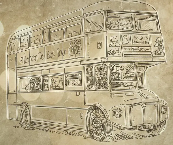 Vintage bus drawing on old paper background. Hand drawn illustration.
