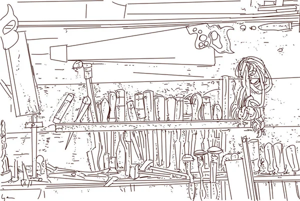 Sketch of a man working in a carpentry workshop.