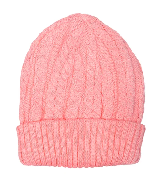 女式针织帽子 粉红色 白色孤立 — 图库照片