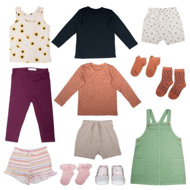 collage of clothes for a little girl isolated on a white background