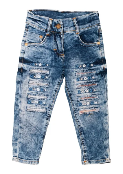 Blauwe Jeans Voor Baby Meisje Geïsoleerd Een Witte Achtergrond — Stockfoto