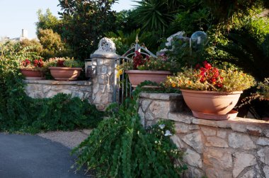 Evin güzel girişi, kapısı ve çiti çiçekler ve diğer bitkilerle dolu.