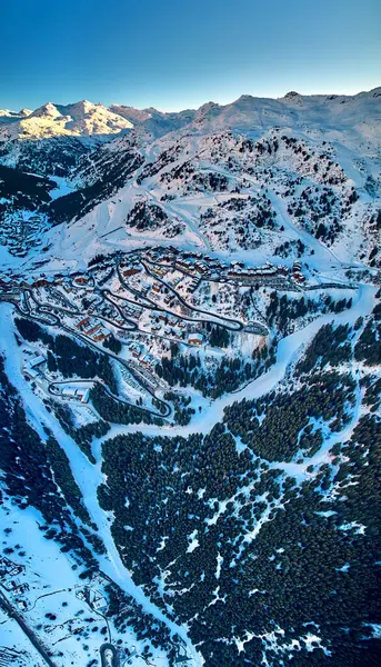 stock image Breathtaking beautiful panoramic aerial view on Snow Alps - winter mountain peaks around French Alps mountains, The Three Valleys: Courchevel, Val Thorens, Meribel (Les Trois Vallees), France.