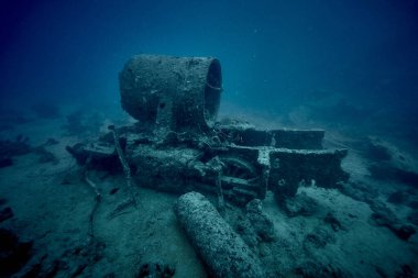 Nazi Thistlegorm 'un gemi enkazının içindeki İkinci Dünya Savaşı kamyonu 1941' de Sharm El Sheikh, Mısır yakınlarında Alman bombardıman uçakları tarafından batırılan İngiliz kargo gemisi. Su altı fotoğrafçılığı ve seyahat.