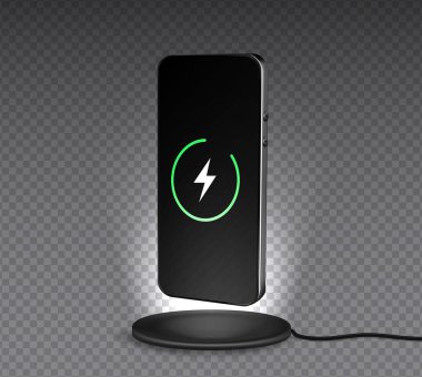 Telefon şarjı. Cep telefonunun şarj pili kablosuz akıllı şarjdan. Modern teknoloji, taşınabilir hızlı şarj cihazı..