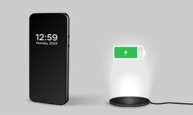 Telefon şarjı. Cep telefonunun şarj pili kablosuz akıllı şarjdan. Modern teknoloji, taşınabilir hızlı şarj cihazı..