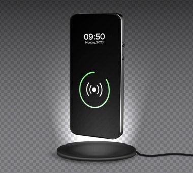 Telefon şarjı. Cep telefonunun şarj pili kablosuz akıllı şarjdan. Modern teknoloji, taşınabilir hızlı şarj cihazı..