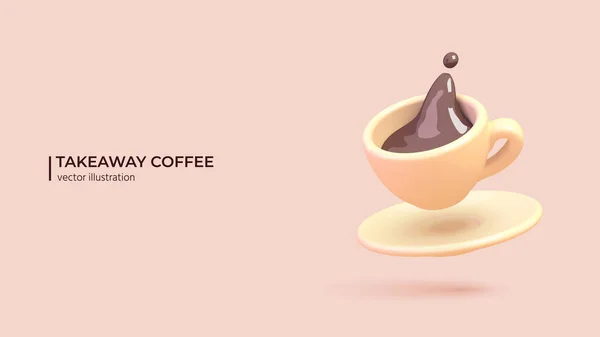 3D矢量咖啡杯 现实的三维瓷碟设计与咖啡或茶 现实地说明热饮料与黑色飞溅漫画最小的风格 矢量说明 — 图库矢量图片