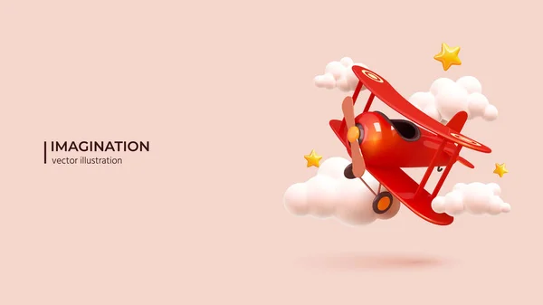 Imagination Concept Dreams Flight Realistic Design Toy Airplane Summer Sky — Stock Vector