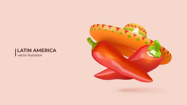 拉丁美洲3D概念 现实的3D设计的墨西哥索姆布雷罗帽子 红色辣椒在卡通最小的风格 矢量说明 — 图库矢量图片