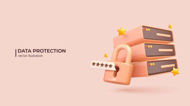 Mahremiyet Konsepti 3D. Lock ile sunucuların gerçekçi 3D tasarımı. Veri koruması, güvenlik, şifreleme, koruma, karikatür tarzında gizlilik kavramı. Vektör illüstrasyonu