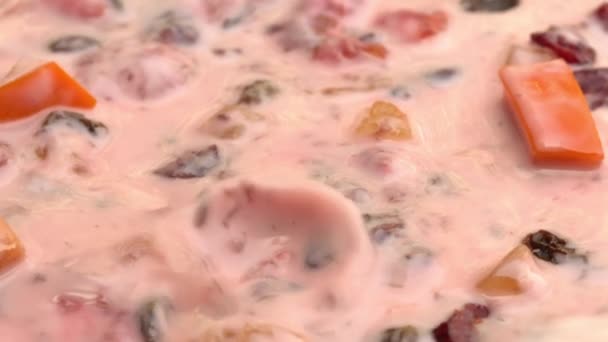 Dripping Cold Strawberry Milk Bowl Strawberry Yoghurt Preserved Dried Organic — Stock Video