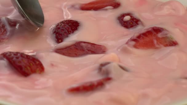 High Angle View Taking Spoon Sweet Strawberry Yoghurt Piece Fresh — Wideo stockowe