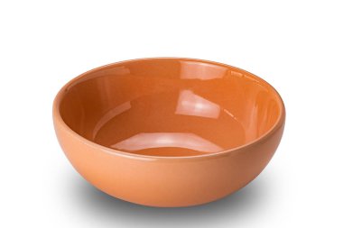 Boş kahverengi seramik kase kesme yolu olan beyaz arka planda izole edilmiş. Kahverengi seramik kasenin yüksek açılı görüntüsü.