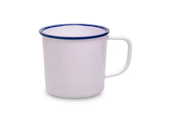 Одна Пустая Белая Чашка Кофе Эмали Кофе Кружка Голубой Кромкой — стоковое фото