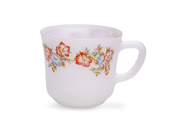 Schöne Leere Weiße Glas Teetasse Mit Bunten Blumenmuster Isoliert Auf — Stockfoto
