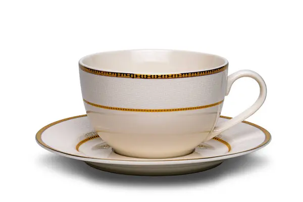 Schöne Leere Keramik Kaffeetasse Mit Untertasse Isoliert Auf Weißem Hintergrund — Stockfoto