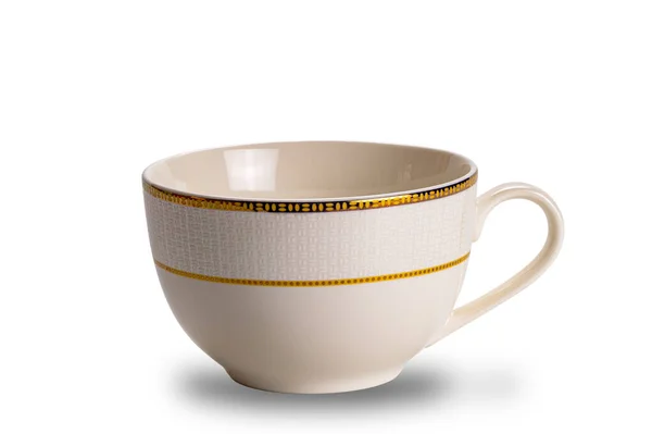 Пустой Коричневый Керамический Кофе Чашку Золотым Рисунком Украшены Края Изолированы — стоковое фото