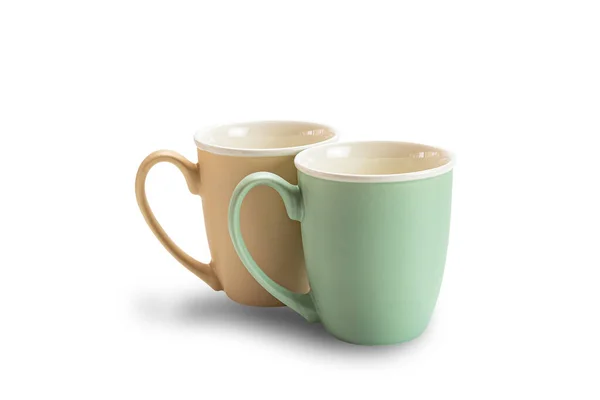 Blick Auf Zwei Leere Kaffeetassen Aus Keramik Braun Und Grün — Stockfoto
