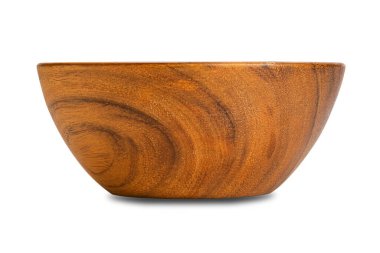 Side view of single empty dark brown wooden bowl isolated on white background with clipping path. clipart