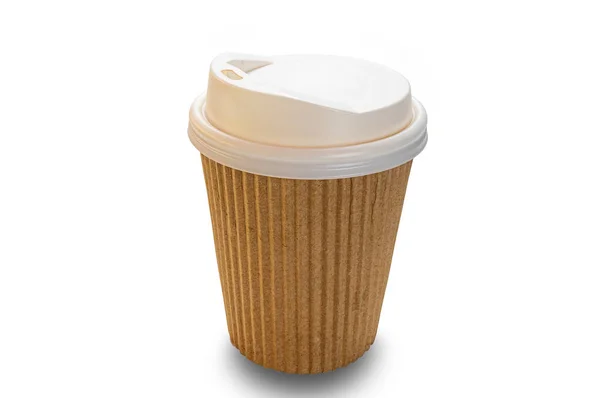 Hochwinkelaufnahme Von Leeren Einzelnen Braunen Wellpappe Kaffeetasse Mit Weißem Deckel — Stockfoto