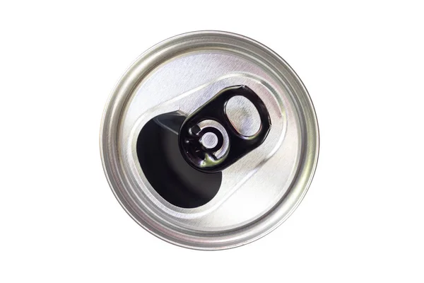 Top View Opened Tin Canned Beverage Black Pull Ring Isolated — Stock Photo, Image