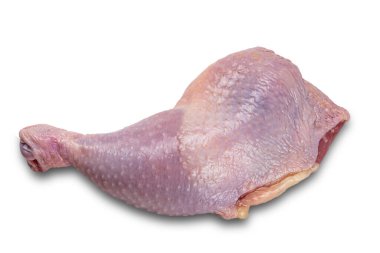 Tek taze tavuk bacağının üst görünümü kesme yolu ile beyaz arka planda izole.