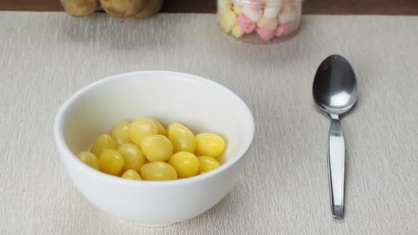 Pouring Gingko Seeds Syrup Ice Cubes White Ceramic Bowl Metal — Stock Video