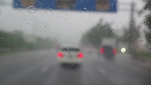 Traffic Highway Heavy Rain Rainy Season View Running Car Windshield — Stock Video