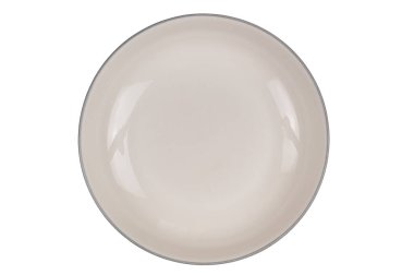 Beyaz zemin üzerinde izole edilmiş gri kenarlı tek bir boş kahverengi seramik kasenin üst görünümü veya düz yatağı kırpma yolu ile.