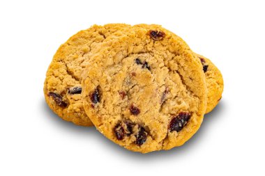 Yulaf tanelerinin ve yaban mersinli bisküvilerin yakın görüntüsü kırpma yolu ile beyaz arkaplanda izole edildi.