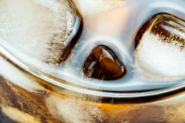 Havada yüzen buz küplerinin yüksek açılı görüntüsü şeffaf camda, yakın plan..