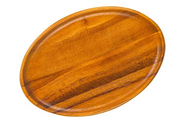 Üst görünüm, boş ahşap tepsi düzlüğü kırpma yolu ile beyaz arkaplan izole.