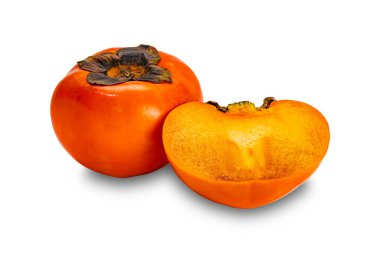 Hurma, Diospyros kaki, Çin hurması, Japon hurması, kesme yolu olan beyaz arka planda tam bir buçuk izole edilmiş..