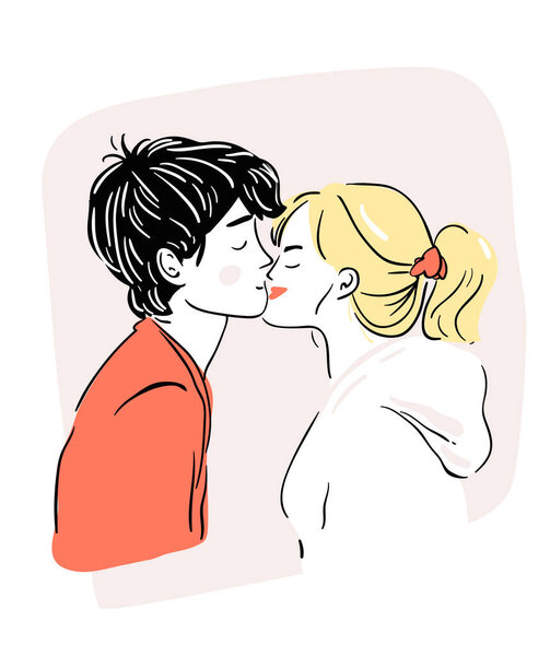 Romantic kiss of young blonde girl with ponytail and man. Line doodle illustration. Valentines day minimalism drawing.