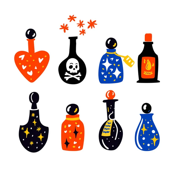 Magic Potion Bottles Set Love Potion Death Poison Different Bottles — Stockvektor