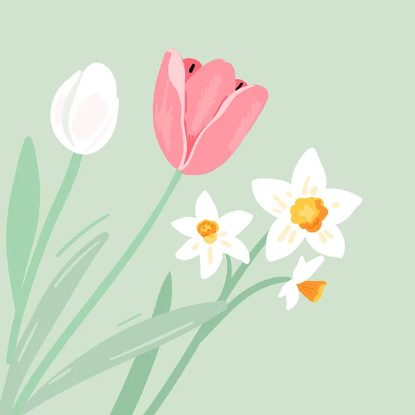 Spring Flowers Tulips Daffodils Pastel Blue Background Vector Floral Illustration —  Vetores de Stock