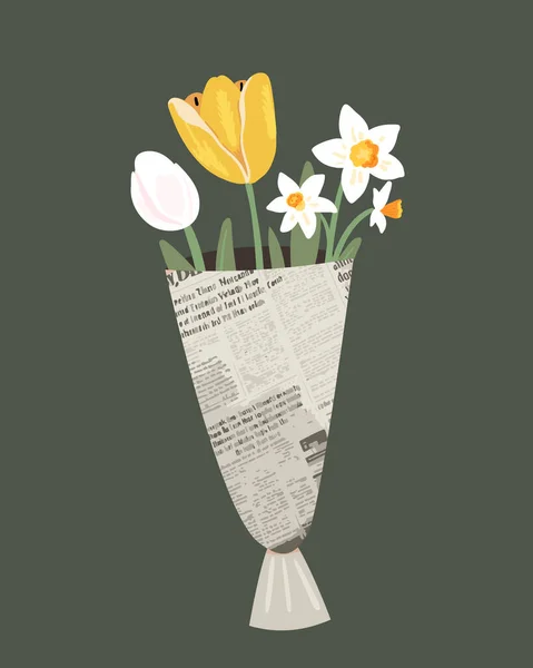 Spring Flowers Bouquet Newspaper Tulips Daffodils Greeting Card International Women — Stok Vektör