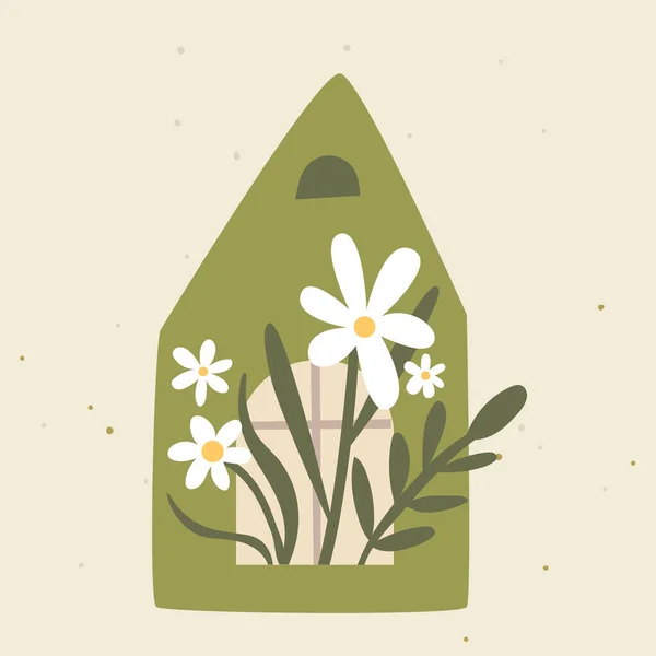 Casa Verde Cultivando Flores Ilustración Jardinería Casera Orgánica Naturaleza Inspirada — Vector de stock