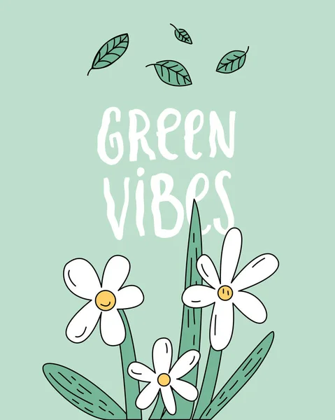 Grønne Vibes Planter Citat Illustration Pastelgrøn Baggrund Eco Bæredygtig Koncept – Stock-vektor