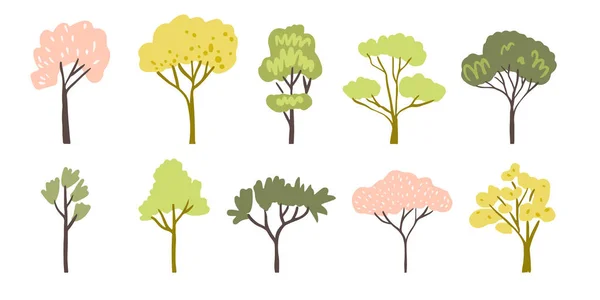 Spring Trees Isolated White Background Different Trunks Foliage Vector Landscape — Stock Vector
