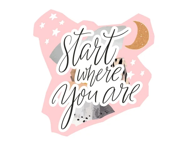 Start You Motivational Quote Collage Made Pink Paper Gray Cutouts — Stock Vector