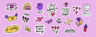 Günlük çıkartmaları, el yazısı alıntılar ve çizimlerle çizilmiş karalama notları. Çiçek, kedi, göz, ay ve kalp gibi moda öğeler. Vektör renkli koleksiyon.